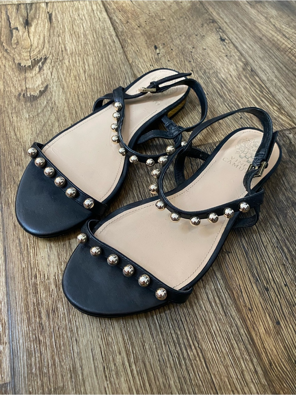 Vince Camuto Black Gold Studded Leather Slingback Sandal Heels - Women's